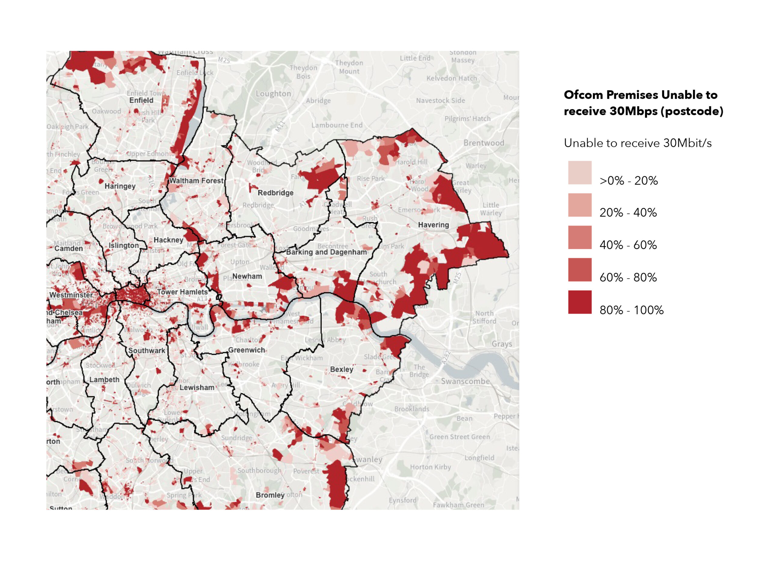 Map showing low and no connectivity areas across Local London