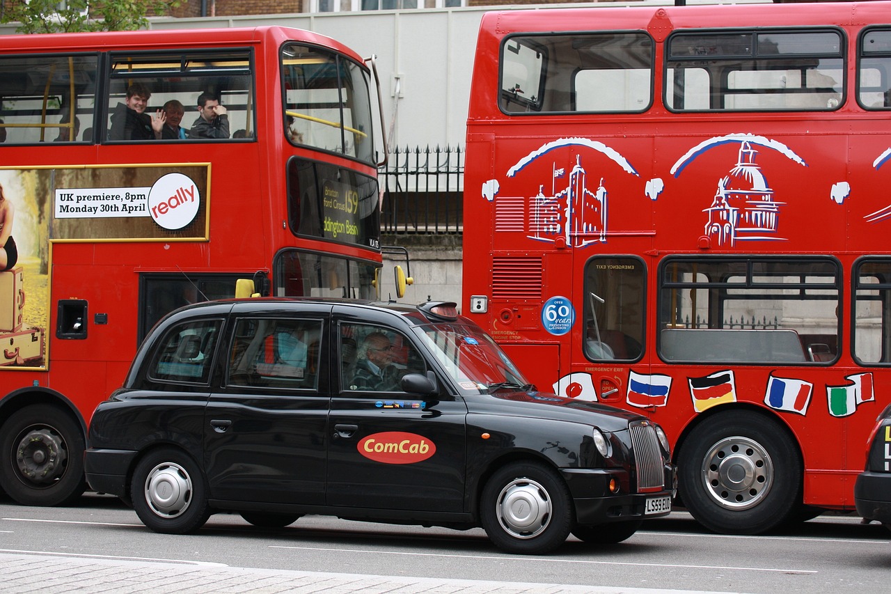 Decorative: London black cab taxi and buses