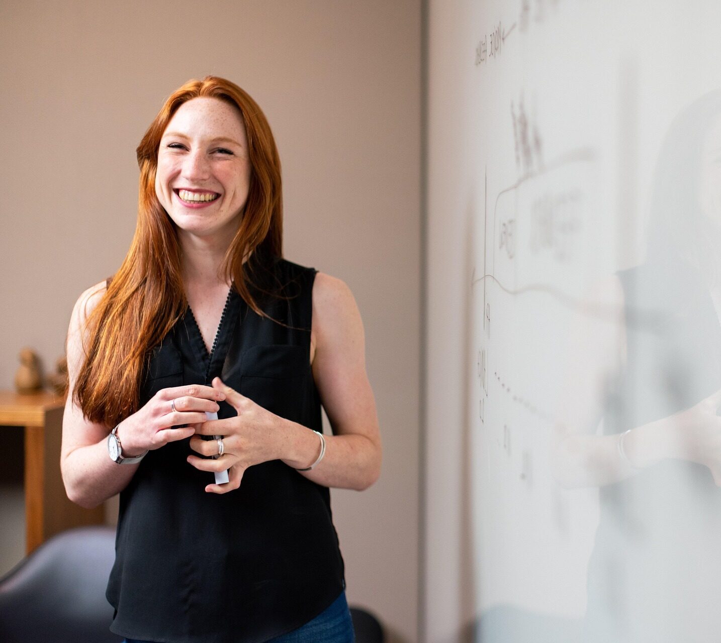 woman-4702060_1920 Decorative: woman standing in front of a white board smiling