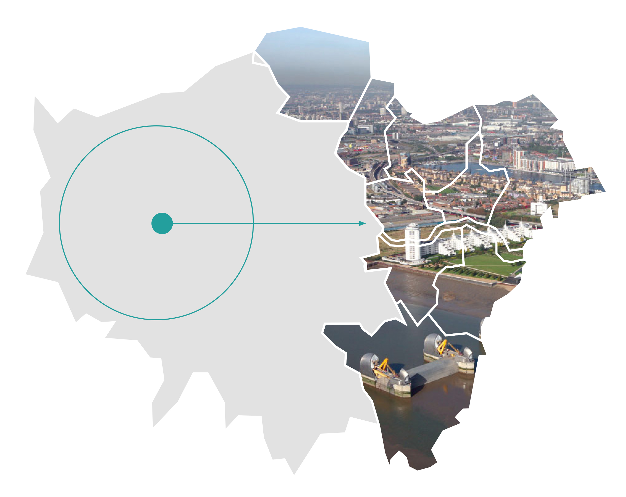 Graphic showing the outline of London with our nine boroughs filled by an ariel shot over the river in east London, and an arrow pointing from central London to our east London boroughs.
