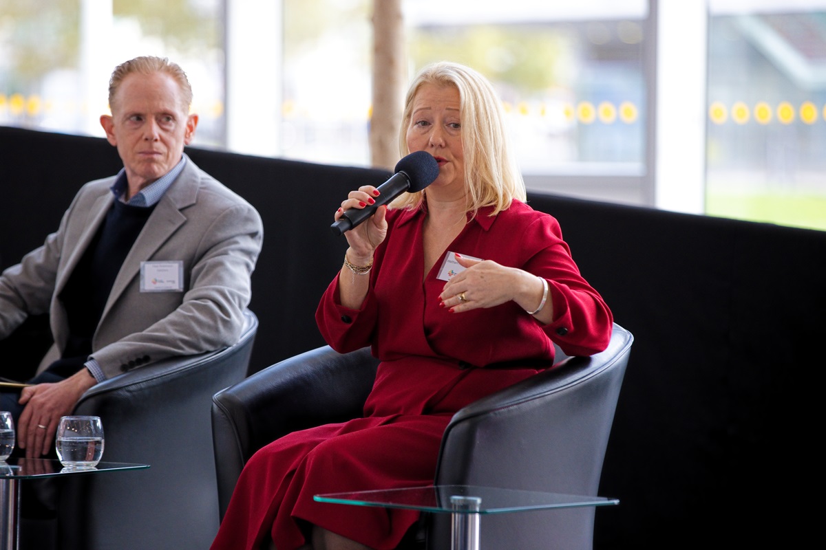 Janet Gardner OBE – Principal and CEO, Waltham Forest College speaking on stage with Matt Robinson – CEO, GetZero