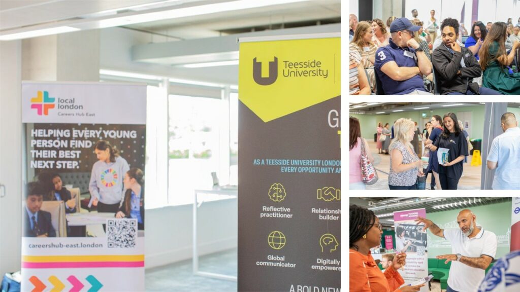 Photos from the event showing the Careers Hub pull up banner, plus scenes from the exhibition stands and audience at the keynote speaker session. 