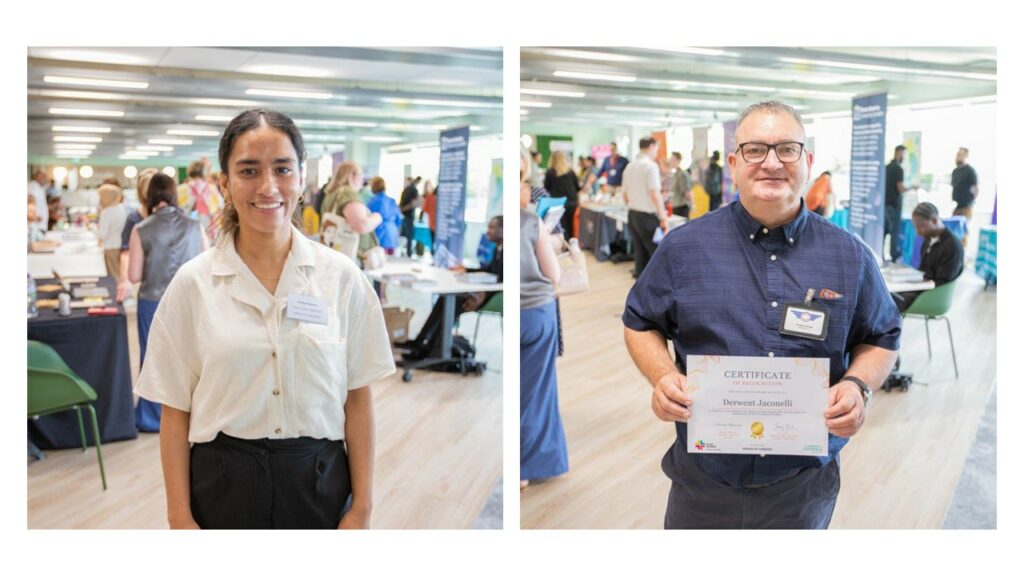 Photos of Ferdausi Rahman and Derwent Jaconelli smiling.